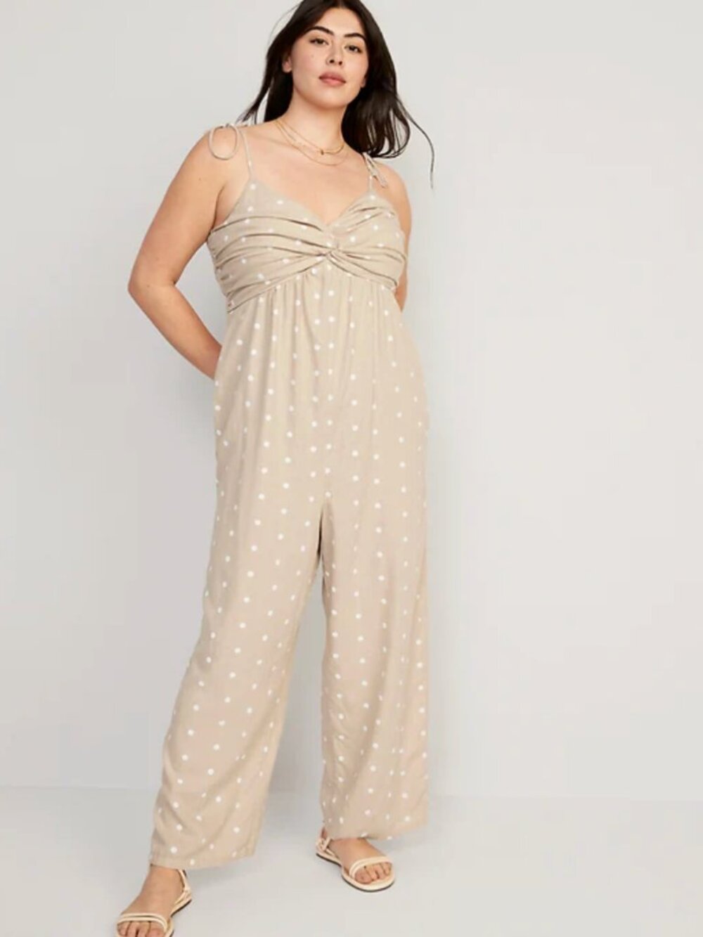 Old Navy Linen Polka Dot Tie-Shoulder Twist-Front Smocked Tan Jumpsuit Size XXL